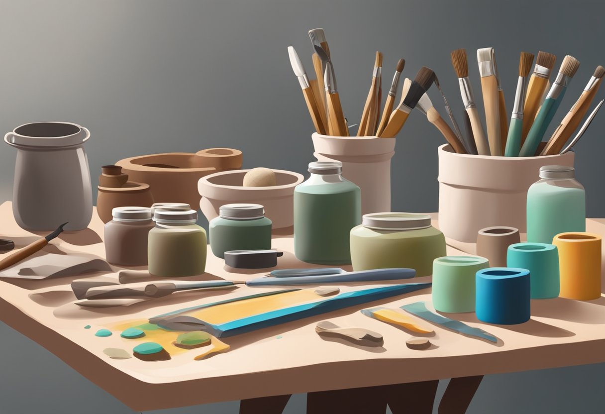 A table covered in oil-based clay in various colors, with sculpting tools and finished DIY projects displayed nearby