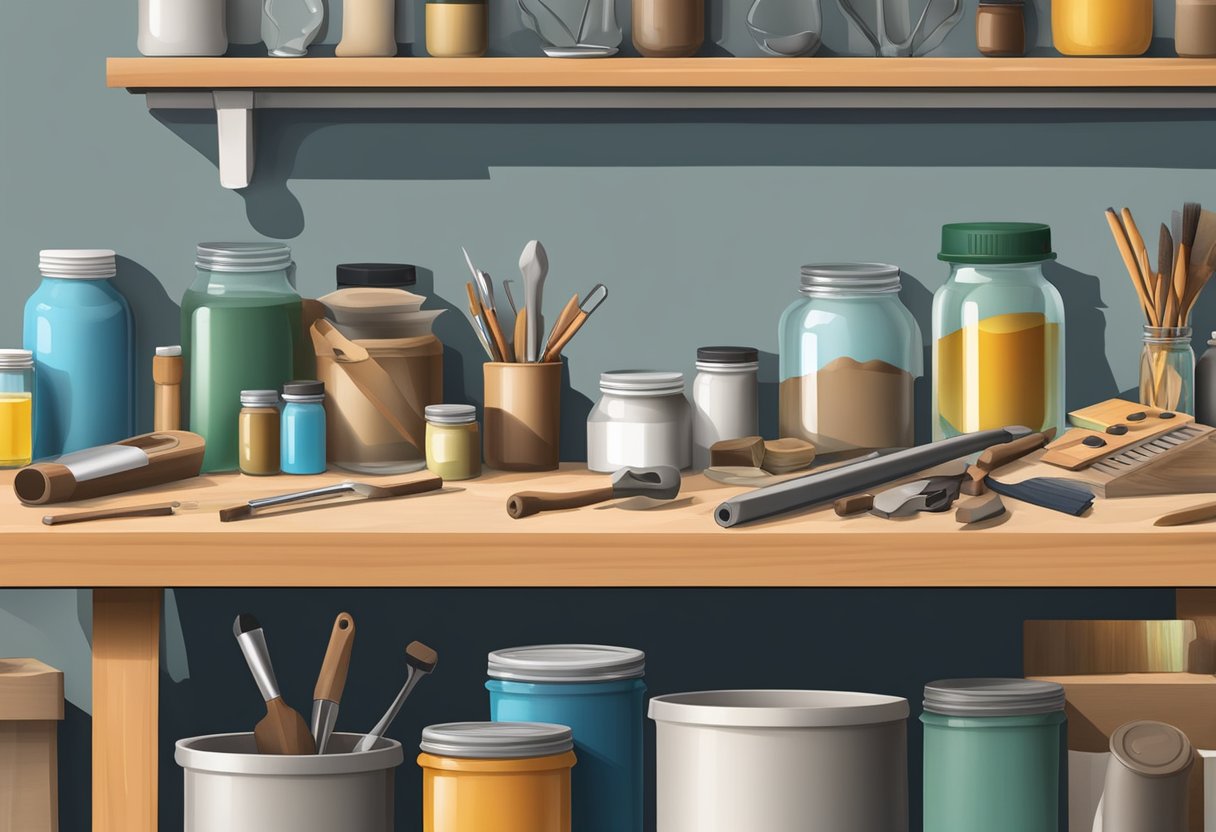 A cluttered workbench with various tools, jars of oil-based clay, and scattered project materials