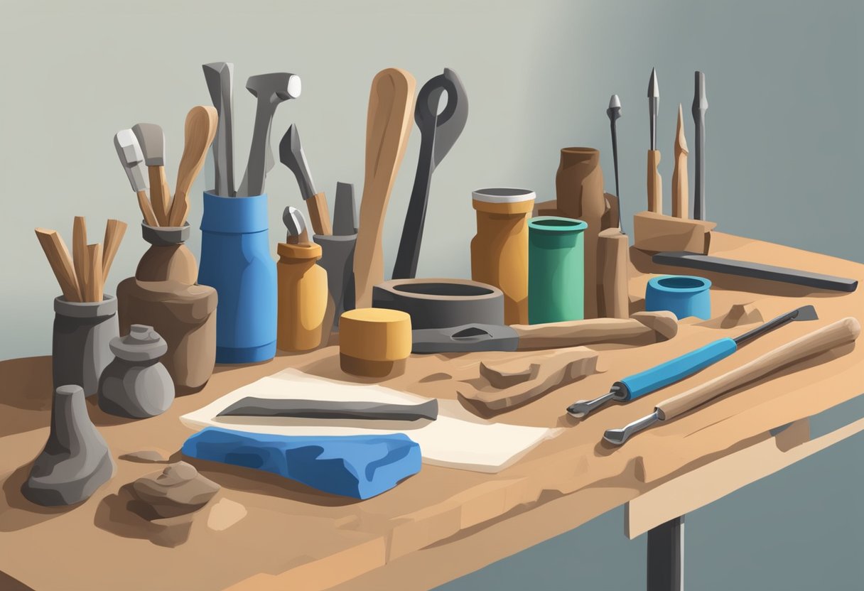 A workbench with tools and oil-based clay sculptures in various stages of completion