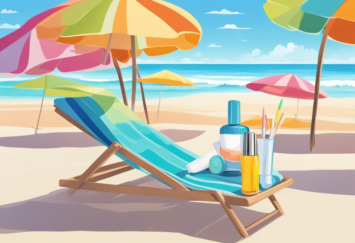 A sunny beach with colorful umbrellas, clear blue skies, and a gentle breeze. A bottle of nail polish and a nail file sit on a towel next to a refreshing drink