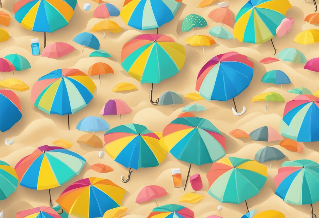 A vibrant, sunny beach scene with colorful umbrellas, sand, and waves, with a bottle of nail polish and a nail file resting on a towel