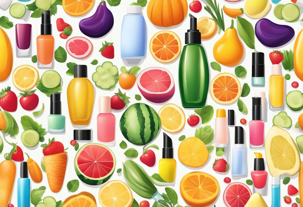 A colorful array of fruits and vegetables surrounded by bottles of nail polish and moisturizing creams, with a bright sun shining in the background