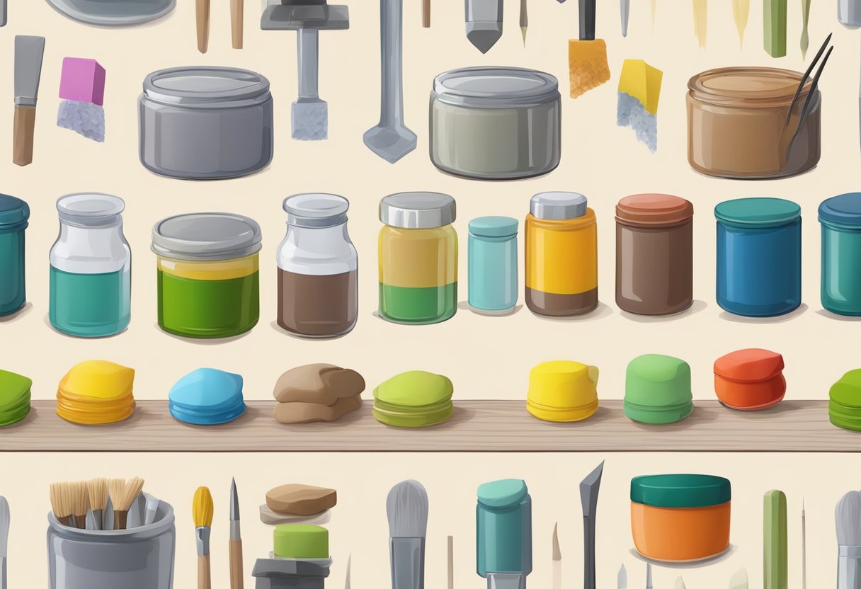 A table with various colored oil-based clay blocks and sculpting tools