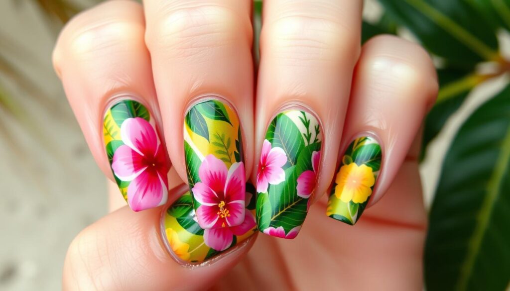 tropical nails with floral designs